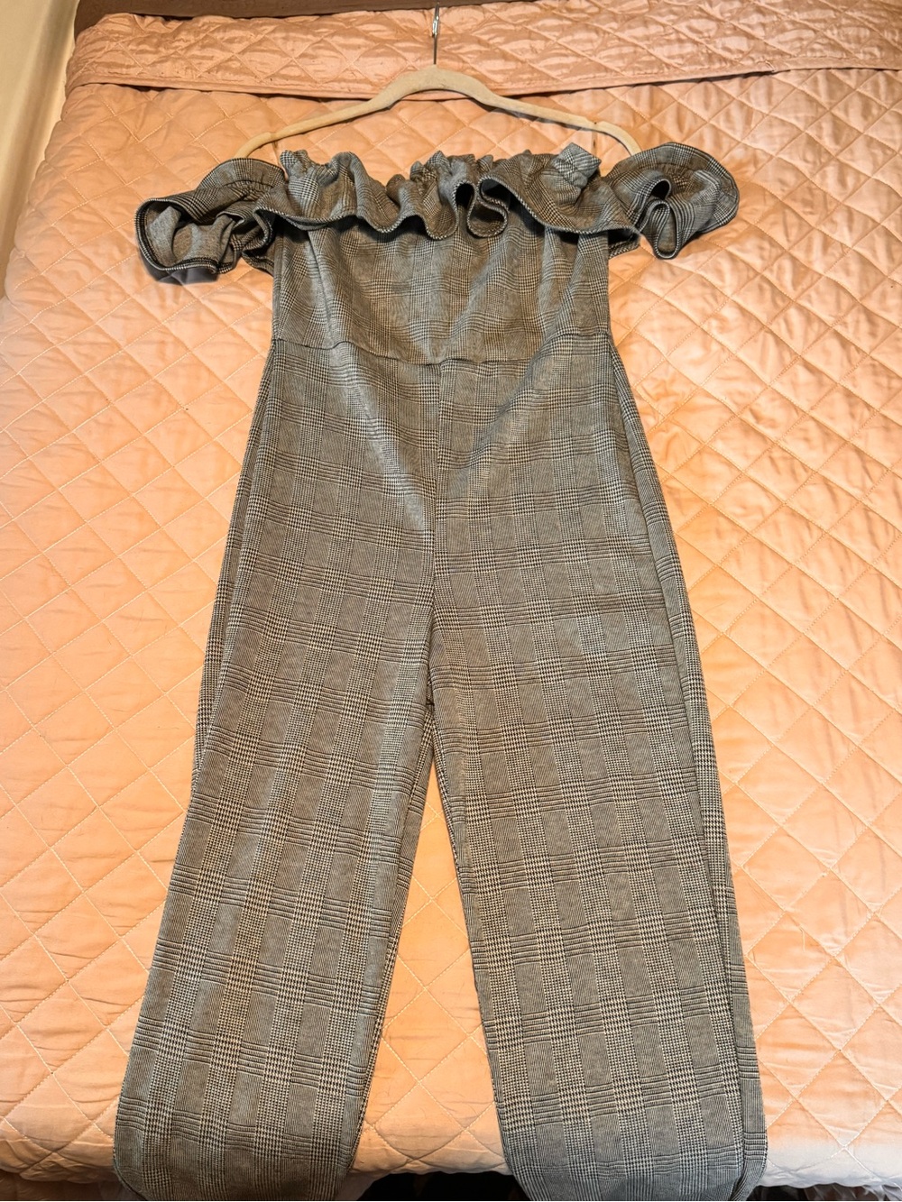 Off-Shoulder Ruffle Plaid Jumpsuit in Houndstooth
